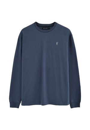Granatowa koszulka z długim rękawem, okrągłym dekoltem, z małym białym logo Polo Club na lewej piersi i ściągaczami na mankietach.
