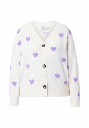Cardigan color crema con una morbida texture, caratterizzato da motivi a cuori viola e scollo a V, rifinito con tre bottoni rotondi.