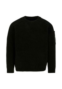 Zwart geribbeld gebreid sweater, ronde hals, lange mouwen, met een zak met hardware-detail op de linker mouw. Zachte textuur.