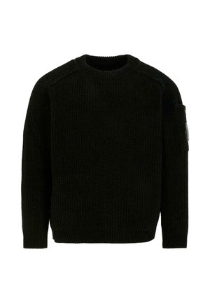 Czarny sweter z prążkowanej dzianiny, z okrągłym dekoltem, długimi rękawami, z kieszenią z metalowym wykończeniem na lewym rękawie. Miękka tekstura.