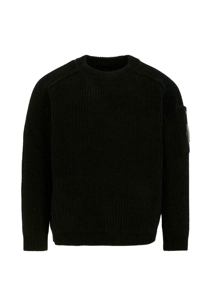 Zwart geribbeld gebreid sweater, ronde hals, lange mouwen, met een zak met hardware-detail op de linker mouw. Zachte textuur.