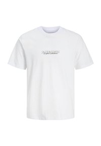 Witte katoenen t-shirt met ronde halslijn, korte mouwen en geborduurd 'JACK & JONES' logo in zilver. Zachte stof, casual ontwerp.