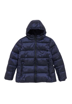 Chaqueta de plumas azul marino con capucha, que presenta secciones acolchadas, un cierre delantero y dos bolsillos laterales. Textura lisa y brillante.