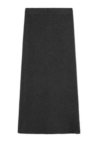 Zwarte wollen rok met een rechte silhouet, kniehoogte, minimale textuur en geen zichtbare hardware of patronen. Gladde, effen kleurafwerking.