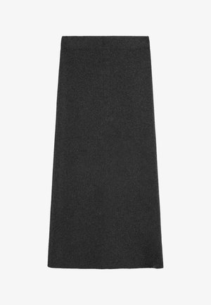 Sort uldskørt med en lige silhuet, knælangt, minimal tekstur og ingen synlige hardware eller mønstre. Glat, ensfarvet finish.