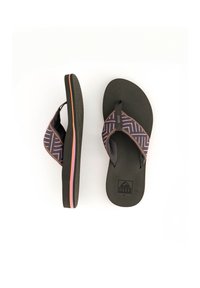 Black flip-flops with a geometric purple and pink patterned strap, featuring a textured sole and a multi-colored accent on the outsole.