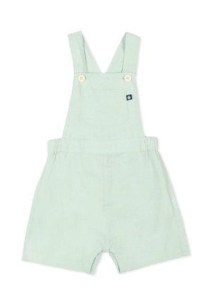 Salopette vert clair pour tout-petits avec poche devant, bretelles réglables avec boutons et short à taille élastique.