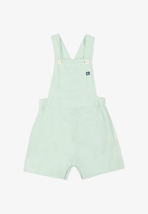 Salopette vert clair pour tout-petits avec poche devant, bretelles réglables avec boutons et short à taille élastique.