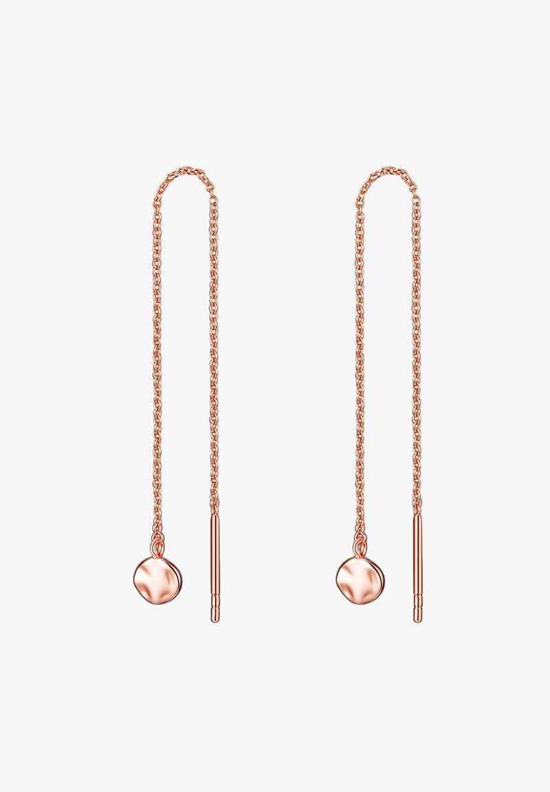 Roosa kuldne kõrvarõngas, millel on pikkate ahelate disain ja ümar aktsent alumises osas, koos sirge varrega. Sile tekstuur ja poleeritud viimistlus.