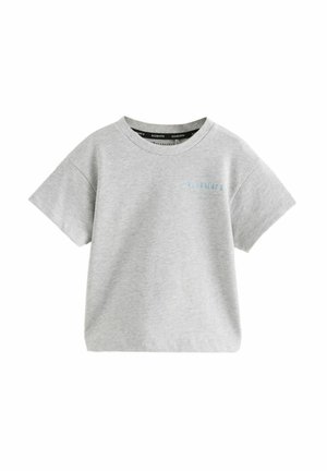 Grijze T-shirt met korte mouwen van zachte katoen, voorzien van een ronde halslijn en een vooropdruk in lichtblauw. Eenvoudig ontwerp met een ontspannen pasvorm.