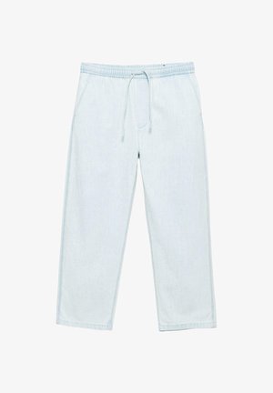 Pantaloni jogger in denim azzurro chiaro con vita elastica e coulisse, con tasche laterali e gambe dritte.