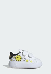 White synthetic shoes with black accents, featuring yellow smiley face designs. Equipped with two hook-and-loop straps for easy fastening.