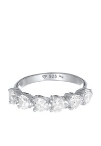 Bague en argent avec cinq pierres précieuses taillées en poire et montées. Bandeau marqué "925 Ag", indiquant de l'argent sterling. Finition lisse et polie.