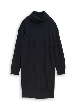 Schwarzes Strickkleid mit langen Ärmeln, Rollkragen und Rautenstruktur auf der Vorderseite.