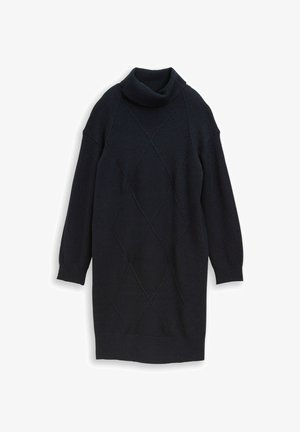 Sort striktrøje kjole med lange ærmer, højt krave og diamantmønster tekstur foran.