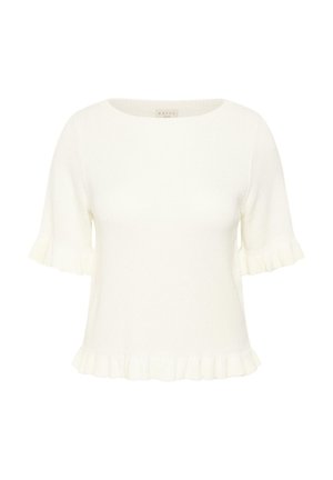 Haut tricoté blanc à manches courtes avec encolure ronde et bords froncés aux manches et à l'ourlet, vue de face sur fond uni.