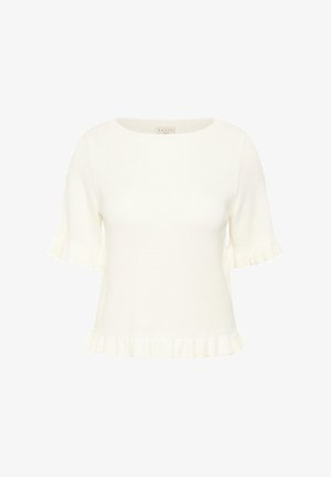 Bluză tricotată albă cu mâneci scurte, decolteu rotund și margini volanate la mâneci și tiv, vedere frontală pe fundal simplu.