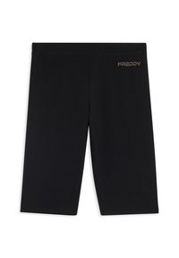 Shorts negros de longitud hasta la rodilla hechos de tejido elástico con una textura suave. Presenta un logo dorado "FREDDY" en el lado izquierdo.