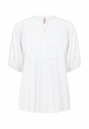 Bela bluzica z ohlapnim krojem, z V-izrezom in nabranimi rokavi. Vezenje na sprednji strani dodaja teksturo. Mehka bombažna tkanina.