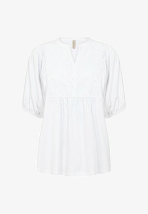 Weiße Bluse mit lockerer Passform, V-Ausschnitt und Puffärmel. Bestickte Details auf der Vorderseite sorgen für Textur. Weiches Baumwollmaterial.