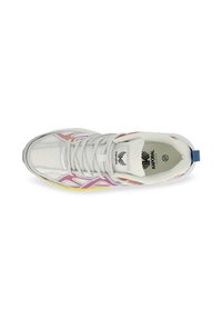 White athletic shoe with mesh upper, colorful accents in pink, orange, and yellow on the sides, padded tongue, and branded insole.