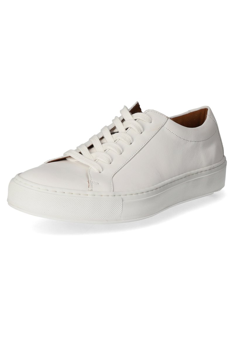 Weiße Ledersneaker mit runder Zehenpartie, strukturiertem Gummisohle und flachen Schnürsenkeln. Auffällige Nähte entlang der Nähte und glatte Oberfläche.