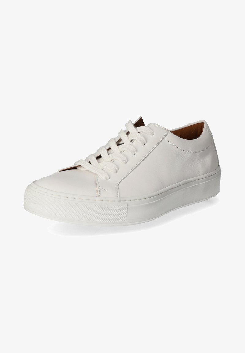 White leather sneaker with a rounded toe, textured rubber sole, and flat laces. Notable stitching along seams and smooth surface.