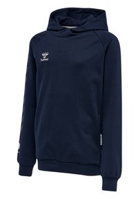 Marineblauer Pullover-Hoodie aus Baumwollmischung, mit einer Fronttasche, Kordelzugkapuze und weißem Logo auf der Brust und dem Ärmel.