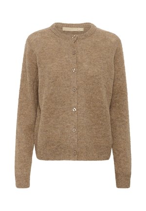 Beiger Wollmischung Cardigan mit rundem Ausschnitt, vorderem Knopfverschluss, langen Ärmeln und geripptem Saum. Weiche Textur und minimalistische Designdetails.