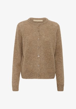 Cardigan en mélange de laine beige avec un col rond, fermeture à boutons sur le devant, manches longues et ourlet côtelé. Texture douce et design minimal.