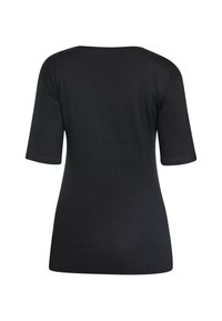 Zwart gebreid T-shirt met korte mouwen, voorzien van een ronde halslijn, een gladde textuur en een geribbelde zoom, ontworpen voor een ontspannen pasvorm.
