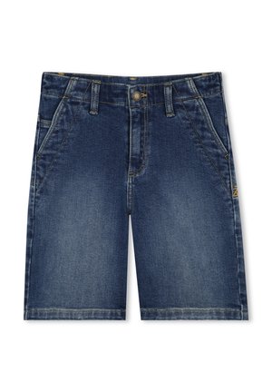 Shorts en denim bleu foncé, avec une coupe classique, cinq poches, des coutures dorées et une fermeture par bouton à la taille.