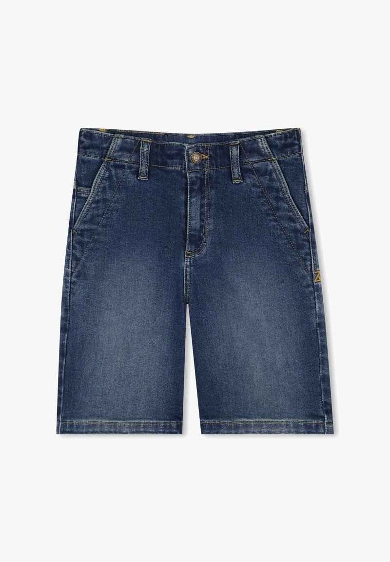 Shorts en denim bleu foncé, avec une coupe classique, cinq poches, des coutures dorées et une fermeture par bouton à la taille.