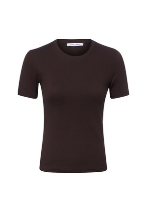 Eenvoudig zwart T-shirt met korte mouwen en ronde hals, aansluitende pasvorm, weergegeven op een effen witte achtergrond.