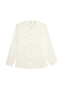 Camicia bianca a maniche lunghe con colletto rotondo, chiusura frontale con bottoni e due tasche sul petto. Tessuto morbido con una consistenza liscia.