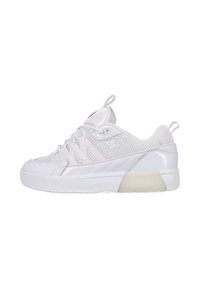 White athletic shoe featuring a mesh upper, smooth synthetic accents, and a rubber outsole with a raised heel for added support.