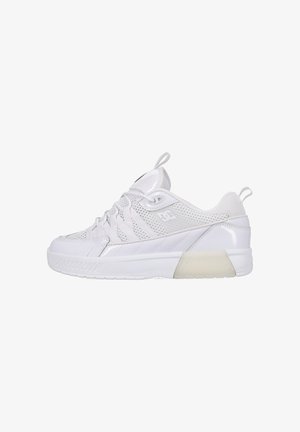 White athletic shoe featuring a mesh upper, smooth synthetic accents, and a rubber outsole with a raised heel for added support.