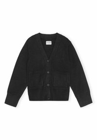 Juodas megztas kardiganas su v-kaklu, priekyje užsegamas mygtukais, su gipiūro rankovėmis ir dviem kišenėmis. Minkšta tekstūra ir standartinis fasonas.