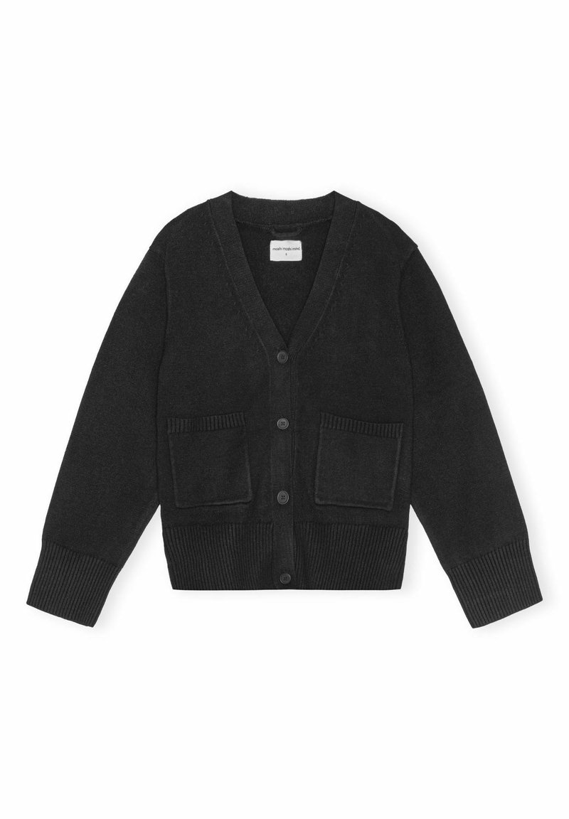 Juodas megztas kardiganas su v-kaklu, priekyje užsegamas mygtukais, su gipiūro rankovėmis ir dviem kišenėmis. Minkšta tekstūra ir standartinis fasonas.