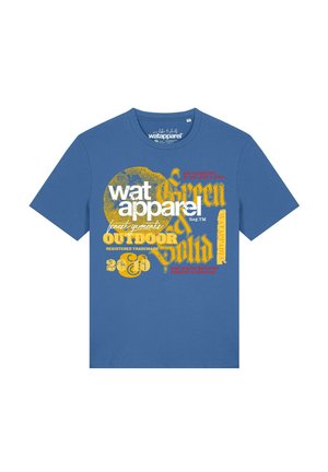 T-shirt bleu à manches courtes avec texte et design graphique sur le thème de l'extérieur en jaune et blanc sur le devant.