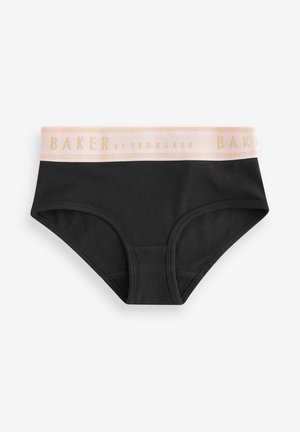Bañador de algodón negro con una banda elástica rosa que presenta "BAKER by TED BAKER" en letras doradas y una textura suave.