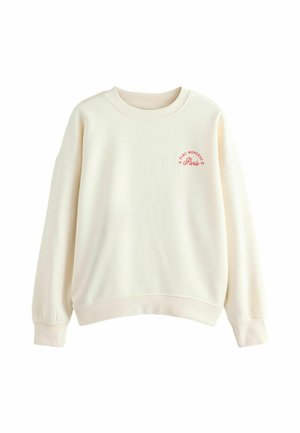 Hellbeiges Sweatshirt, Rundhalsausschnitt, überschnittene Schultern, gerippte Bündchen und Saum, mit rotem Textdesign "PARC MONCEAU Paris 93".