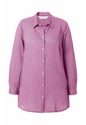 Raidallinen nappikauluspaita purppurassa ja valkoisessa, jossa on terävä kaulus, pitkät hihat ja suora helma. Pehmeä puuvillakangas.