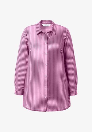Gestreiftes Hemd in Lila und Weiß, mit spitzem Kragen, langen Ärmeln und geradem Saum. Aus weichem Baumwollstoff.