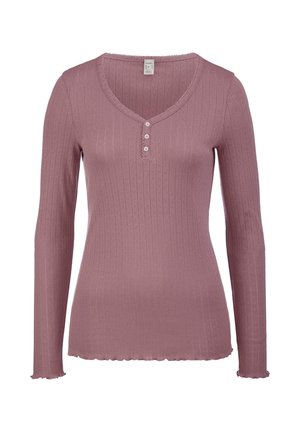 Long-sleeve ribbed shirt in mauve with a V-neck, three-button placket, and scalloped edges on sleeves and hem. Made of soft material.