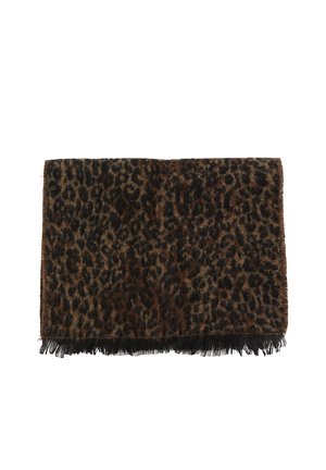 Rektangulært tørklæde med leopardprint med mørkebrune og sorte pletter, blød tekstur og korte frynser langs den ene kant.