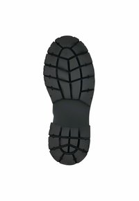 Semelle de botte en caoutchouc noir avec des profondeurs de crampons. Présente une crête centrale et un motif symétrique pour une adhérence et une stabilité sur diverses surfaces.