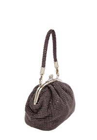 Borsa a mano lucida in perline viola con design plissettato, chiusura metallica e manico intrecciato. Silhouette compatta e arrotondata con texture dettagliata.