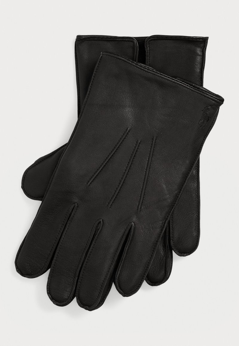 Gants en cuir noir avec une texture lisse, présentant un design classique et des accents de couture subtils. Style à cinq doigts avec des coutures renforcées.