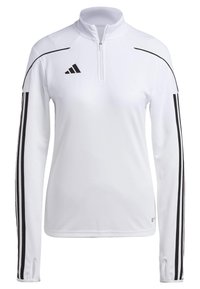 Weißes, athletisches Langarmoberteil mit halb-zip Design, schwarzen Streifen an den Ärmeln und strukturierten Details auf den Schultern. Adidas-Logo auf der Brust.